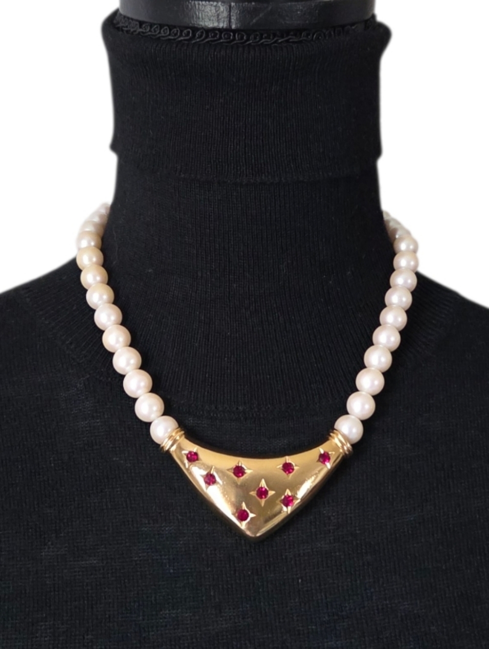 Vintage Signed YSL Faux Pearl & Gold-Tone Bib Necklace with Red Crystals
